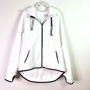 OLD NAVY ACTIVE GO DRY Hoodie Women L White Black Zip Front Thumb Hole Hi Lo NWT